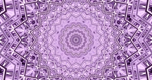 Simetrični neon tunel sa koncentričnim ljubičastim i ružičastim geometrijskim uzorcima koji se spiralno okreću prema unutrašnjosti, kreirajući hipnotizujući 4K VJ loop vizuelni fond sa slojevitom svetlucavom arhitekturom