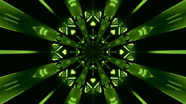 Svetlo zelen neonski tunel s simetrično kaleidoskopsko vzorcem, ki se širi od središča, 4K VJ-zanka abstraktna gibljiva ozadja