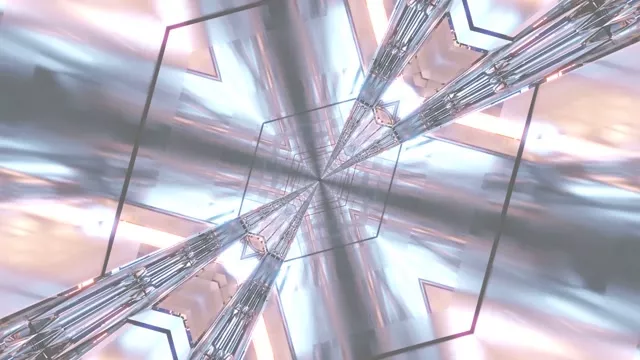 Terowong neon abstrak dengan bentuk geometri kristal yang menumpu ke arah pusat, sinar cahaya ungu, merah jambu dan perak menciptakan kesan gelung 4K