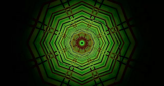 同心绿色霓虹六边形隧道，红色发光中心，4K 60fps VJ循环几何网格背景