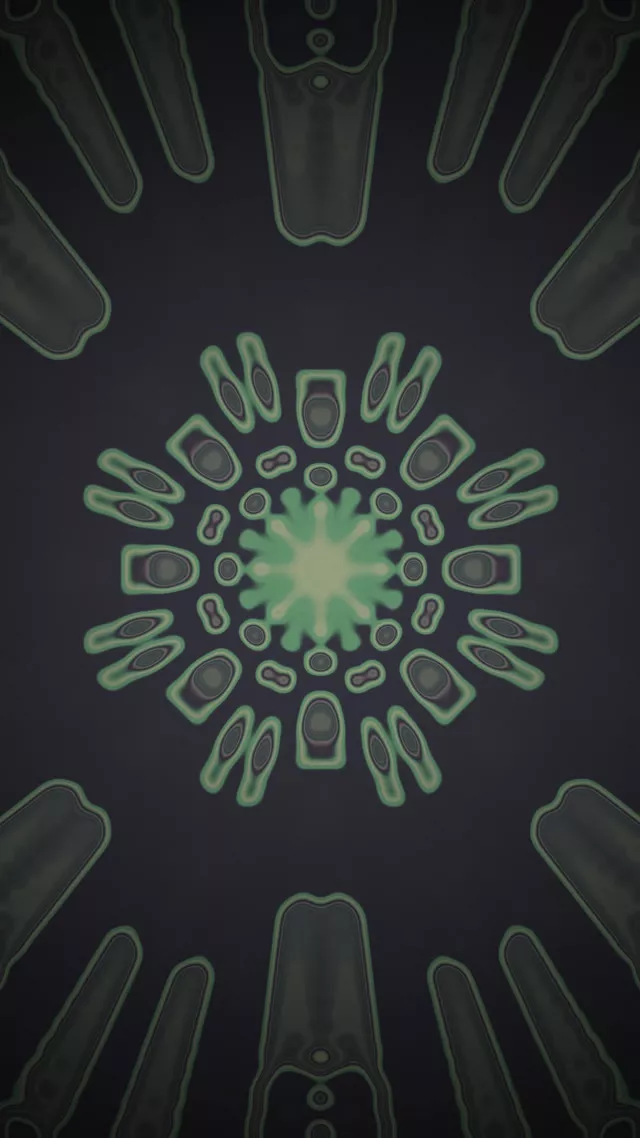 نفق نيون متماثل مع دوامة خضراء مضيئة وحد رمادي غامق، نمط حلزوني هندسي مجرد، حلقة VJ 4K