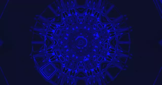 Radial blue neon geometric vortex with glowing circuit patterns spiraling inward, 4K abstract VJ loop motion background