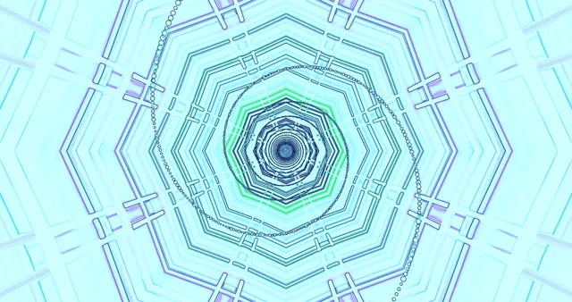 Tunnel esagonale concentrico ciano e verde neon che spirala verso l'interno, loop VJ 4K con profondità geometrica ed effetti luminosi