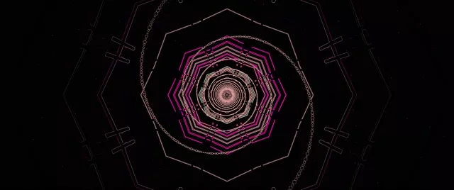 Tunnels octogonaux néon concentriques magenta et beige spiralant vers l'intérieur avec motifs géométriques lumineux en boucle VJ 4K 60fps