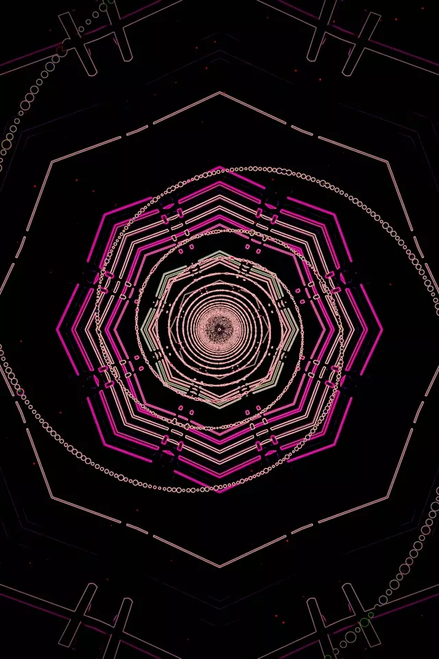 Oktagonal na neon na tunel na magenta at puti na may epekto ng spiral vortex, abstract VJ loop sa vertical format