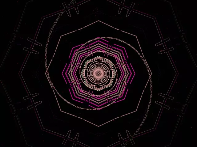 Zortzikona neon tunelak kontzentrikoak magenta eta urrezko espiralean barneraka presizio geometrikoarekin, 4:3 VJ loopa hipnotikoa sortuz 60fps-an.