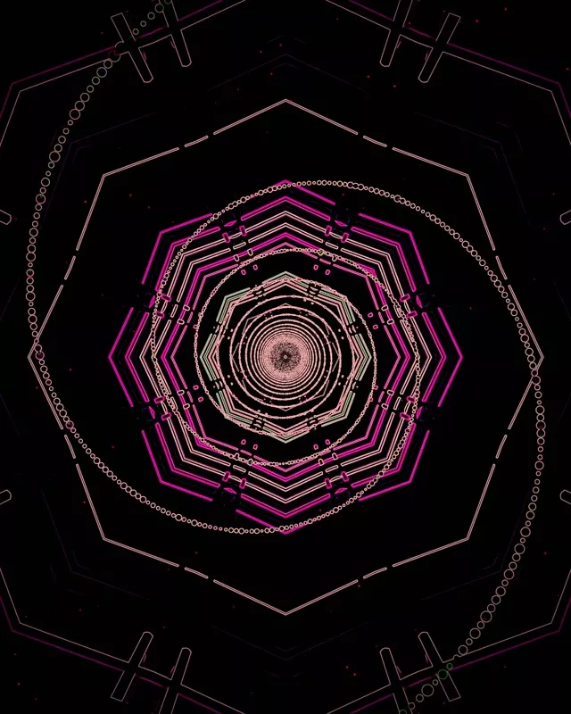 Žavus neon aštuonkampis sūkurys tunelis su koncentriškais magenta ir baltais geometriniais sluoksniais spiraliojančiais į šviesų centrą, sudarant hipnotizuojantį 60fps VJ ciklą