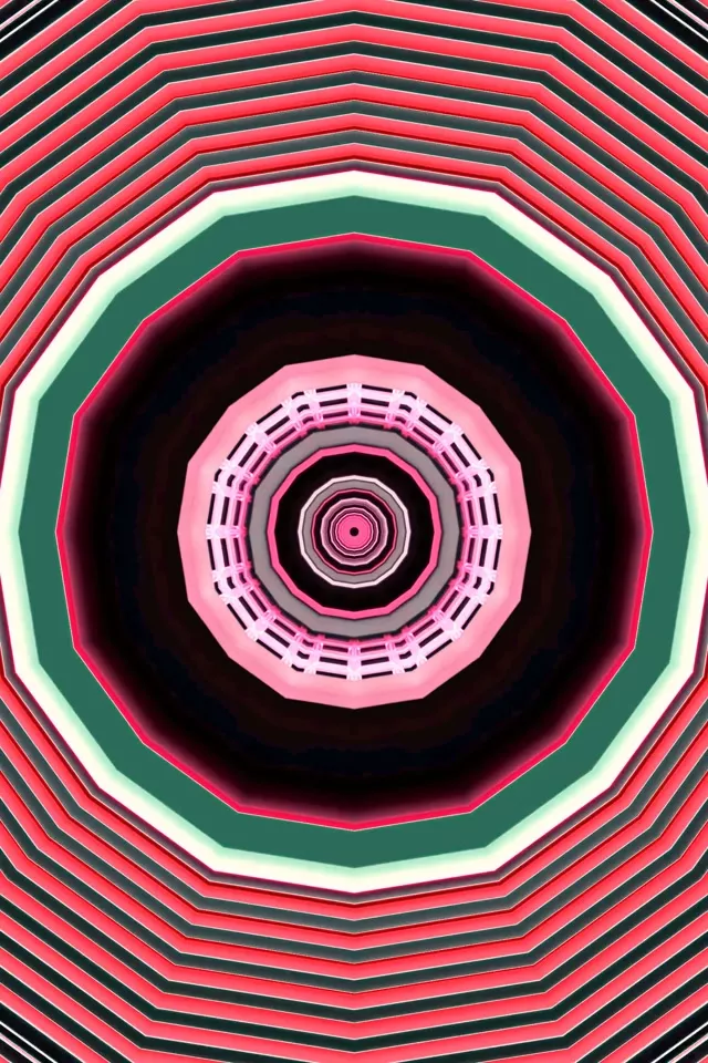 Νέον οκτάγωνη δίνη σήραγγας με ομόκεντρα στρώματα ροζ, μαύρο και γαλάζιο-πράσινο που σπειρώνονται προς το κέντρο, υπνωτικό VJ loop screensaver εφέ 60fps