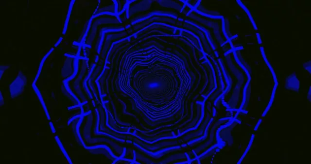 حلقات نيون زرقاء متحدة المركز تدور بشكل حلزوني في نفق مظلم، حلقة VJ 4K مع نمط دوامة هندسية مضيئة وتأثير حركة سلس