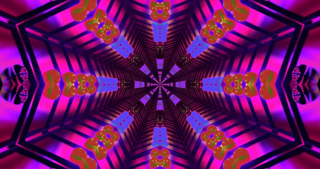 Symmetrinen neontunneli magenta ja violeteilla seinillä, kultaisilla geometrisilla kuvioilla ja sinisillä aksenteilla, jotka säteilee keskustasta 4K VJ-silmukassa