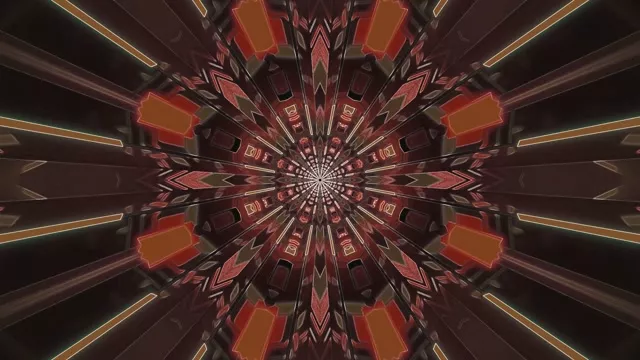 Symetryczny wir tunelu neonowego z czerwonymi, pomarańczowymi i ciemnobrązowymi wzorami geometrycznymi spiralującymi do wewnątrz, hipnotyczna pętla VJ 4K