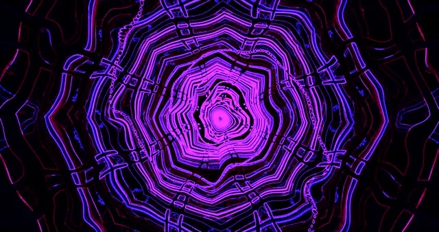同心粉紅和紫色霓虹隧道，幾何圖案閃爍，催眠渦旋效果用於4K VJ Loop動畫背景