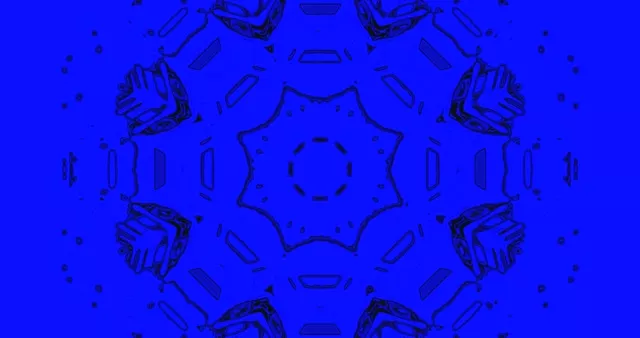 تونل نئون آبی عمیق با الگوهای هندسی متقارن و گردباد مرکزی درخشان، حلقه VJ انتزاعی 4K