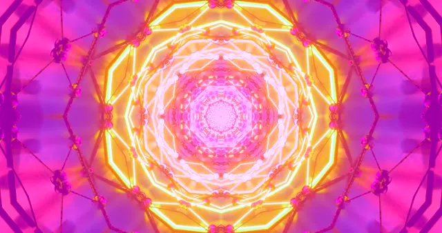 Vórtice de túnel neón radiante con círculos concéntricos brillando en rosa, magenta y amarillo dorado en bucle VJ abstracto 4K 60fps