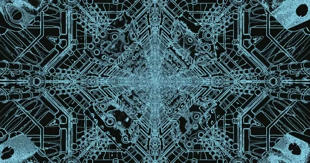 Simmetriese siaan neon-tonnel met geometriese stroombaanpatrone, turkoois en donkerblou kleure, abstrakte 4K VJ-loop agtergrond