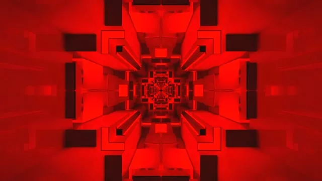 Duboko crveni neonski tunel sa simetričnim geometrijskim oblicima koji konvergiraju u beskonačnu perspektivu, hipnotični 4K VJ loop