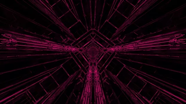 Tunnell neon cymesur pinc a magenta gyda gridi geometrig mewn gofod du, persbectif anfeidrol, cylch VJ haniaethol 4K 60fps