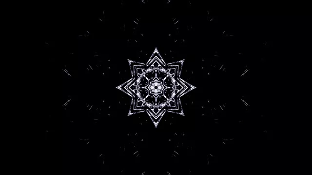 Mandala geométrica neon branca simétrica em fundo preto, loop VJ brilhante em forma de explosão estelar com triângulos encaixados