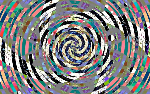 Bunter spiralförmiger Wirbeltunnel mit neonblauen, rosa und türkisfarbenen Mustern, weißen und schwarzen geometrischen Streifen, abstrakter VJ-Bewegungsloop