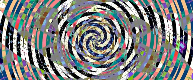 Terowongan vortex spiral berwarna-warni dengan garis neon biru, emas, dan merah muda menciptakan efek loop hipnotis