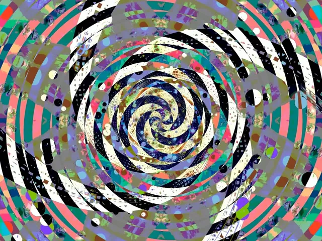 Túnel vórtice espiral neón vibrante con aneis concéntricos en turquesa, rosa e morado, estratificado con raias negras e brancas creando efecto de profundidade hipnótico para loop VJ