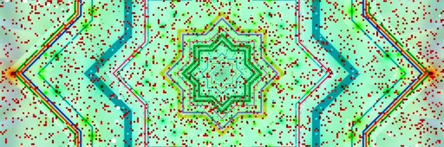 सममितीय नीयन सुरंग, चमकदार हरे तारे मंडल पैटर्न, सियान नीली पथ और टकसाल हरी पृष्ठभूमि पर लाल पिक्सेल विस्फोट, 60fps VJ लूप