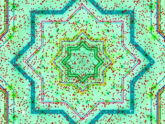 Koncentryczna mandala gwiazdy neonowej z jasnymi wzorami geometrycznymi w kolorze cyjan, zielonym i czerwonym zbiegającymi się w luminacyjnym centrum na miętozielenym tle. Abstrakcyjna pętla VJ.