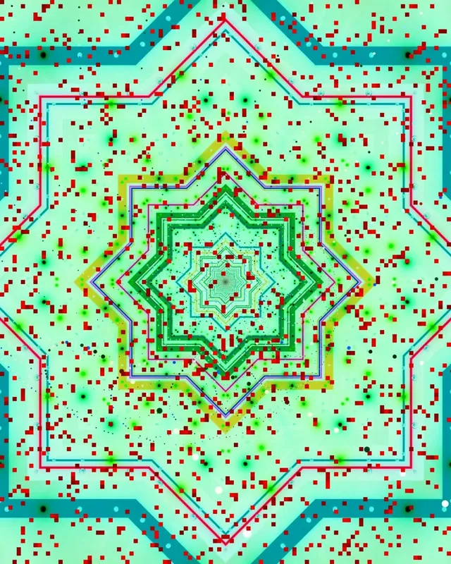 Koncentrikus neon csillag mandala rétegezett geometrikus formákkal rózsaszín, zöld és cián színekben, absztrakt VJ loop mozgásháttér