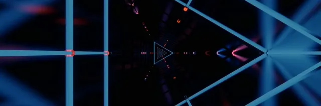 Tunnel néon abstrait VJ loop avec vortex triangulaire bleu et rose pulsant, motifs lumineux géométriques, arrière-plan 4K animé
