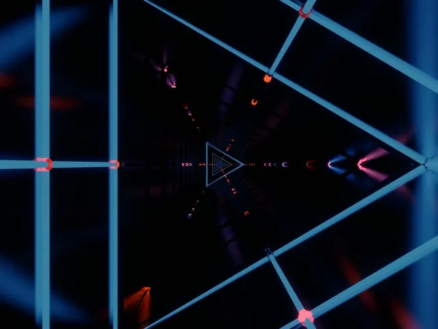 Linhas de túnel de néon azul brilhante com vórtices rosa e laranja espiralando, criando um loop de animação VJ envolvente e hipnotizante