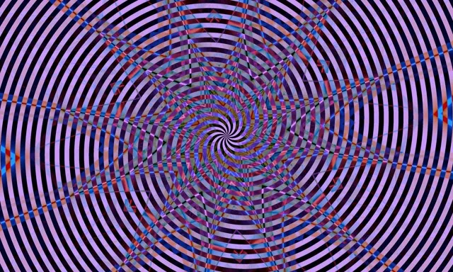 Hypnotisk spiralformet neontunnel med virvel i lilla, blå og rosa, som skaber en fængslende 4K VJ-løkke med kaleidoskopisk effekt og geometrisk dybde