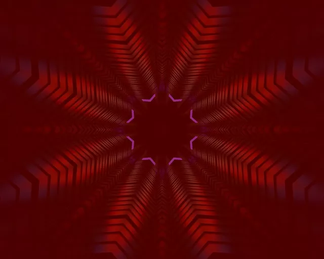 Symetrický tunel neonových ševrónů červené a fialové, VJ smyčka s zářivými liniemi efekt průmyslového pohybu