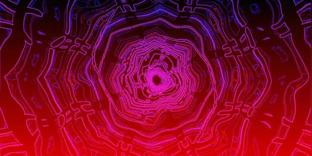 Концентричні магента та червоні неонові кільця утворюють пульсуючий тунельний вихор зі світлими геометричними узорами, що виходять із яскравого центру.
