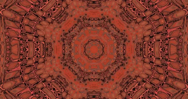 Dybt rødt symmetrisk neontunnel med koncentriske geometriske mønstre, abstrakt 4K bevægelsesløkke