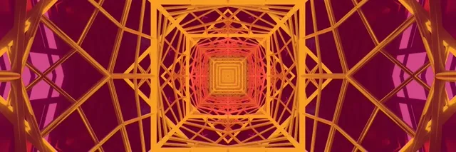 Tunnel néon jaune vif et magenta avec carreaux pulsants concentriques s'enfonçant dans l'infini. Boucle VJ géométrique abstraite avec motif de vortex symétrique et bords luminescents.