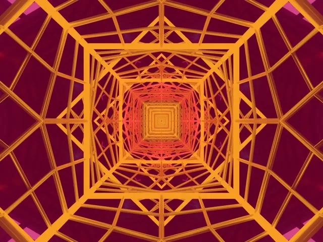 Túnel de neon amarelo e laranja brilhante com padrão de vórtice quadrado recursivo espiralhando para dentro, criando efeito de profundidade hipnotizante no loop VJ 4:3