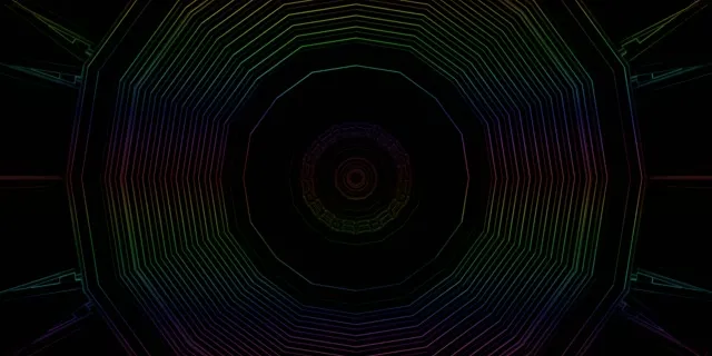Гіпнотичний спіральний вихор неонового тунелю з концентричними кільцями в синьому, пурпуровому та зеленому кольорах, створюючи глибокий 3D-ефект тунелю в цій 4K 60fps VJ циклі