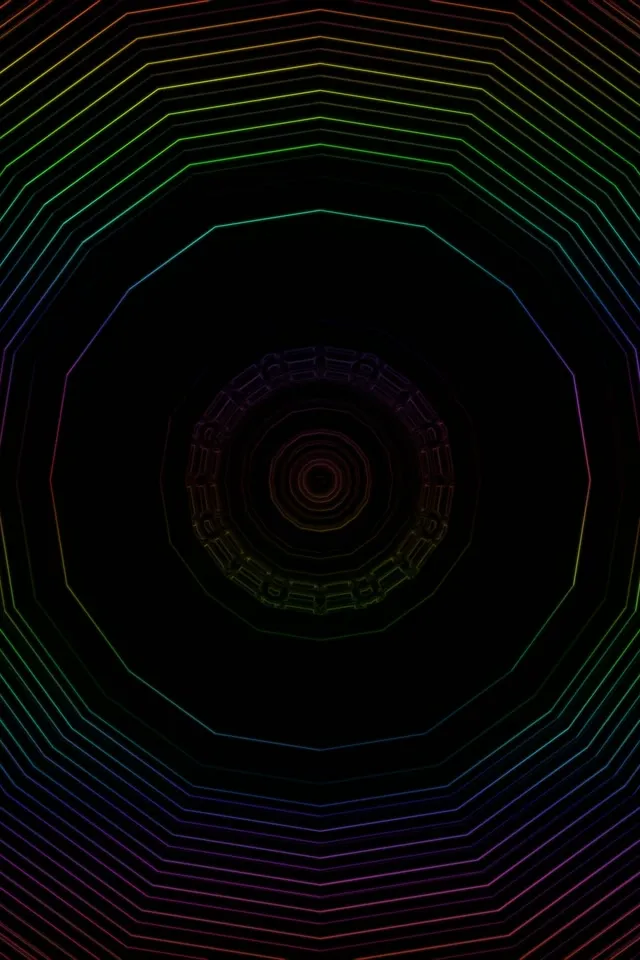 Renkli neon tüneli, konsantrik sekizgen şekillerle iç doğru spiral, kırmızıdan maviye gökkuşağı gradyanı, 60fps VJ döngüsü