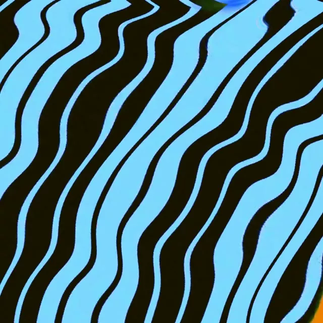 Geanmeerde neontunnel met golvende blou en swart strepe wat diagonaal vloei, skep 'n hipnotiese 4K VJ-lus skermbewaarder