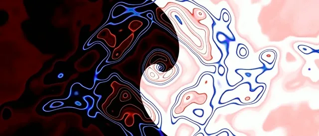 Plava i crvena neon kontura spiralno se vrtloga kroz tamni vrtlog na blijedoj ružičastoj pozadini u ovoj ultraširokој VJ petlji