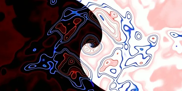 Abstrakte neontunnel met blou-rooi wervelende vortex in yin yang simmetrie, lewendige 4K VJ lus bewegingsagtergrond