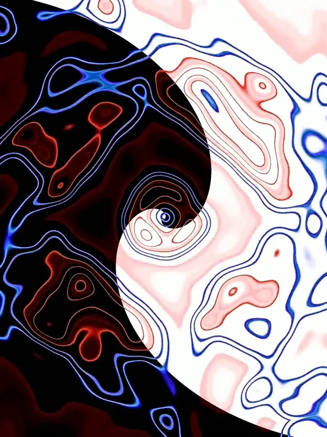 Abstrakcyjny tunel neon z niebieskimi i czerwonymi świecącymi liniami tworzącymi wzór spirali yin-yang, symetryczne tło wirujące