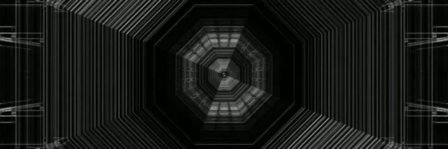 黑色八邊形霓虹隧道，具有同心幾何圖案，閃爍的白色和灰色線條創造催眠式 60fps VJ 循環動作背景