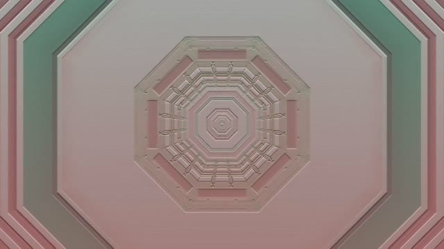تونل نئون هشت‌ضلعی صورتی و خاکستری با لایه‌های هندسی هم‌مرکز که اثر عمق ایجاد می‌کند، ایده‌آل برای حلقه‌های VJ انتزاعی
