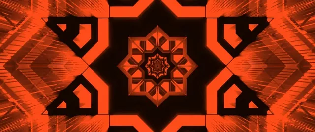 Symmetrischer orange und schwarzer Neon-Stern-Kaleidoskop-Tunnel mit leuchtenden geometrischen Mustern, 4K VJ Loop