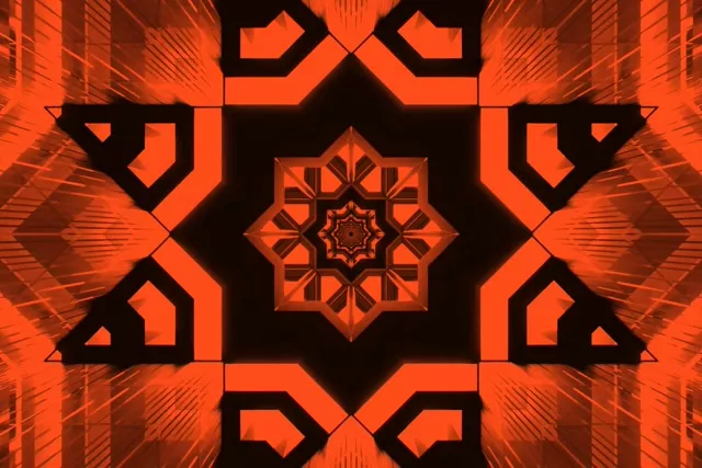 검은색 기하학적 광선이 있는 대칭적 주황색 네온 만화경 별 패턴으로 무한 터널 효과를 만드는 선명한 4K VJ 루프