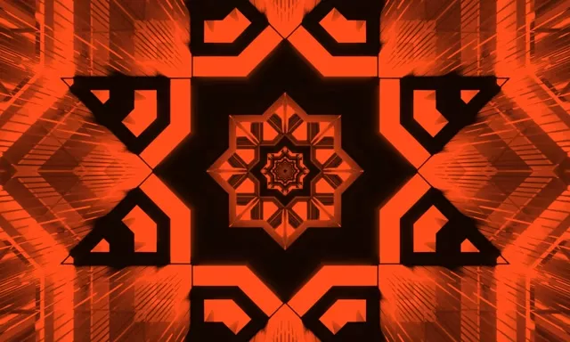 Simetričan narančasti neonski tunel sa sjajnom fraktalnom zvijezdom, zrakaste geometrijske oblike stvaraju efekt dubine u 60fps petlji