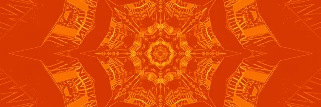 Simetrisks oranžs neonas kaleidoskopa zvaigznes raksts, kas staro no centra, spīdīgs ģeometrisks VJ cilpas fons