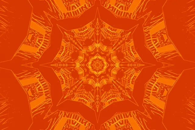 중심에서 방사하는 대칭 주황색 네온 만화경 별 패턴, 생생한 따뜻한 톤의 추상 VJ 루프 배경