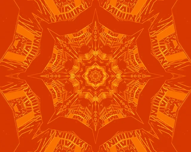 Simetrični narančasti neonski kaleidoskopski uzorak s koncentričnim zvjezdastim oblicima koji se šire od centra, stvarajući hipnotički tunelski efekt u toplim jantar tonovima